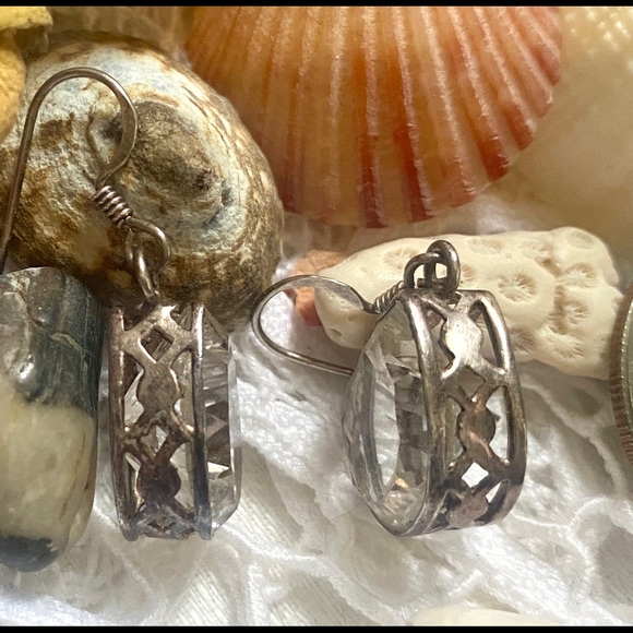 Sterling Set Rock Cut Crystal Tear Drop Earrings - Picture 4 of 6